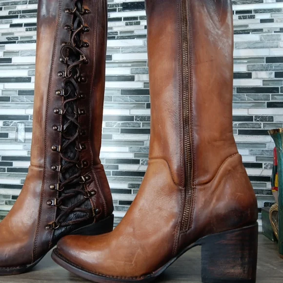 Freebird Wyatt 8M Cognac Brown Leather Knee-High Lace Up Granny Boots Rare New - Picture 10 of 16